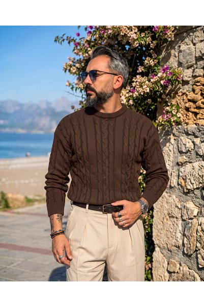 higo Men's Cavallo Old Money Hair Knit Crew Neck Sweater