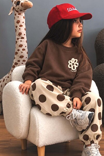 Monila Kız Çocuk Pamuklu Çiçek Baskılı Sweatshirt ve Puantiye Baskılı Eşofman...