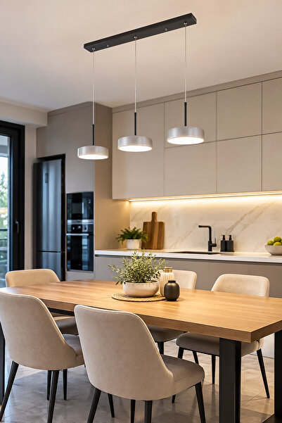 Fer Avize Ela Led Modern Tasarım 3 Renk Işık Seçenekli Enerji Tasarruflu 3'lü Led Avize Mutfak Salon Çocuk Odası Giyinme Odası