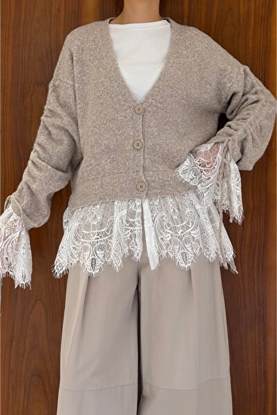 fayaboutique.com Vizon Lacy Triko Dantel Detaylı Hırka