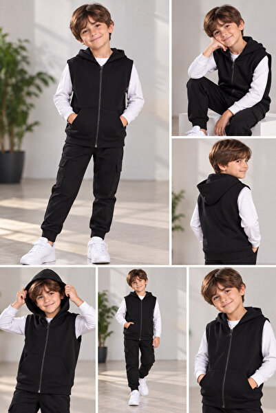 SERPİL Boy's 3 Thread Hooded Zippered Pocket Vest – Black