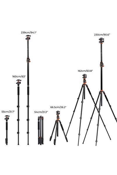 K&F CONCEPT T254A7 Trepied de 230cm cu cap bilă BH-28L și coloană segmentată