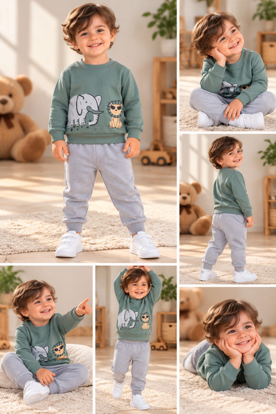 SERPİL Erkek Çocuk Fil Baskılı Sweatshirt Eşofman Takımı