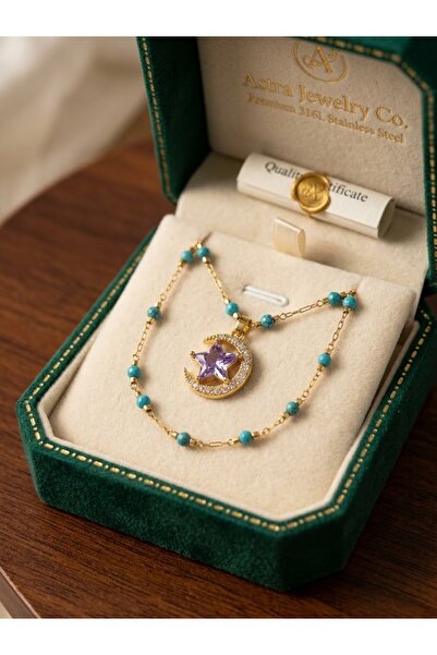 İNN JEWELLERY 316 L Çelik Kolye Yeşil Taşlı Kalp Figürlü Renk Atmaz