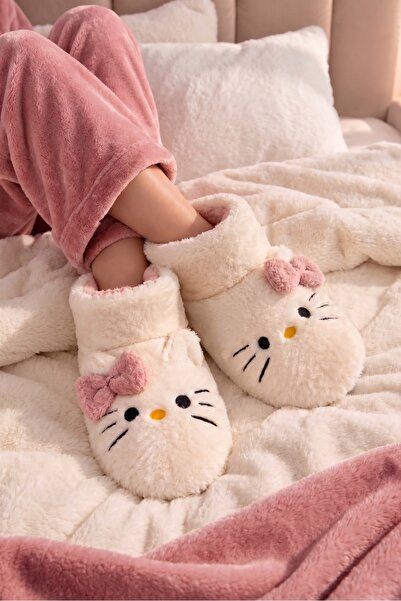 Slipcat Kadın Fiyonklu, Kedi Figürlü, Yumuşak, Peluş Panduf