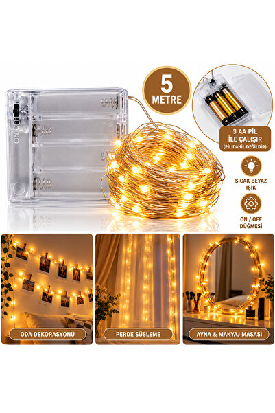 ARVALE Peri 3 Metre 2 AA Pilli Sıcak Beyaz LED Işığı – Dekoratif Tel Işık Zin...