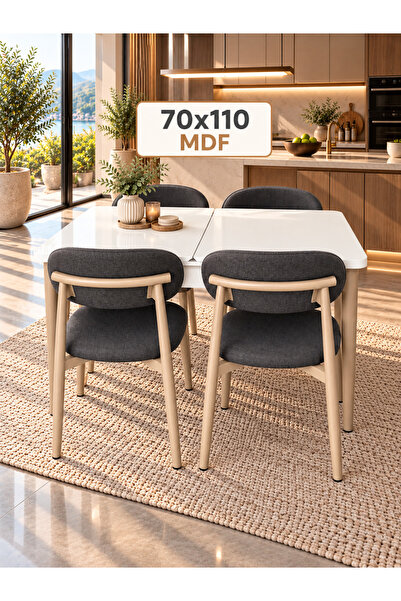 DEREN HOME Calve Serisi MDF 70x110 Açılabilir Masa 4 Adet Silinebilir Sandaly...