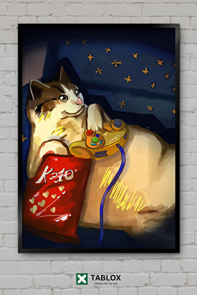 tablomaxtbx Gamer Kedi With Chips Cat Art Διακοσμητικό Τοίχου με Κορνίζα Διακ...