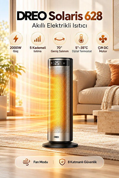 DREO Akıllı Elektrikli Isıtıcı 2000W 5 Kademe Kumandalı 70° Salınım Dijital Termostat
