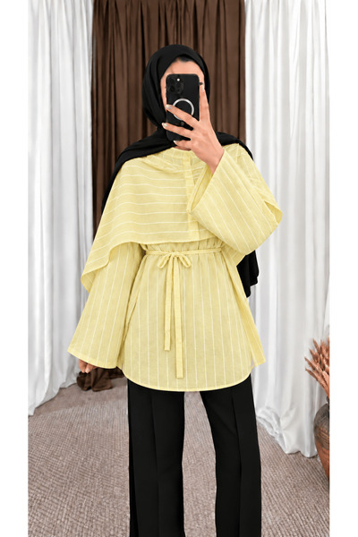 Hepsi Moda Şal Detaylı Biye Kemerli Tunik - Sarı