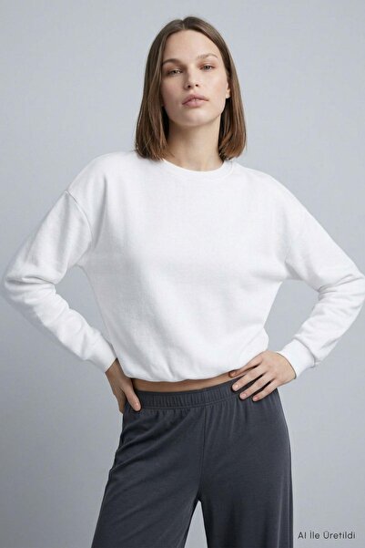 Rays Yarasa Kollu Beli Lastikli Crop Sweatshirt 979 Ekru