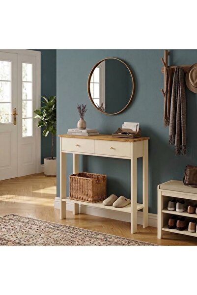 MANDOSİ 90 Cm Çift Çekmeceli Bej Meşe Dresuar Gold Kulp