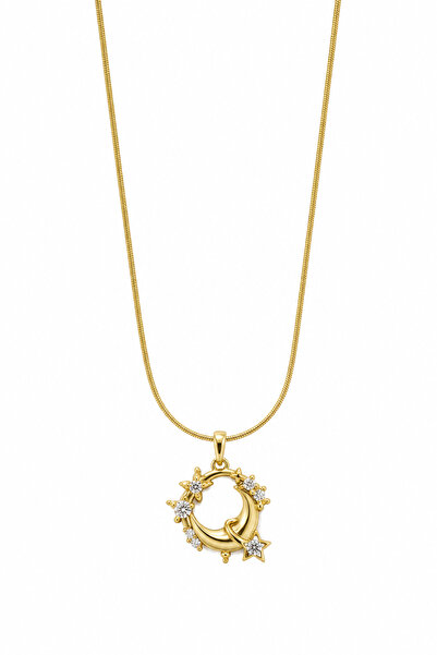 Jack Ferrero Steel Moon Star Figured Women's Necklace with Stone Detail
