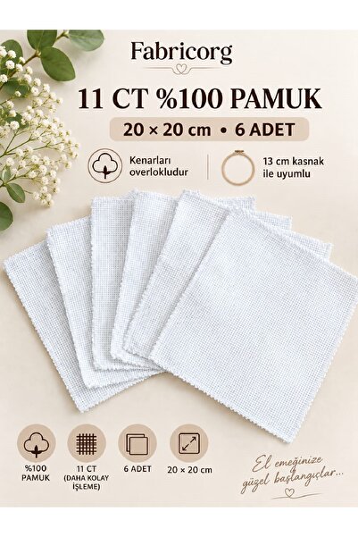 fabricorg 11 CT %100 Pamuk Etamin Pano Kumaşı – 20x20 cm 6 Adet-Beyaz