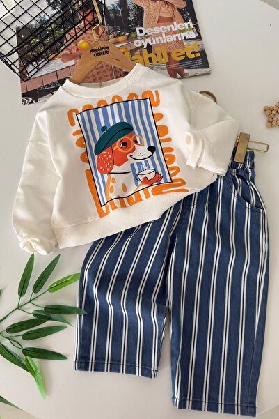 Minigimin Cicileri Artist Puppy Striped Boys' Pants Set - Navy Blue