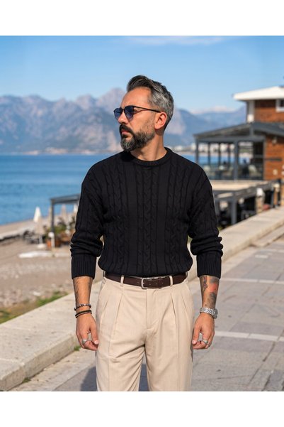 higo Men's Cavallo Old Money Hair Knit Crew Neck Sweater