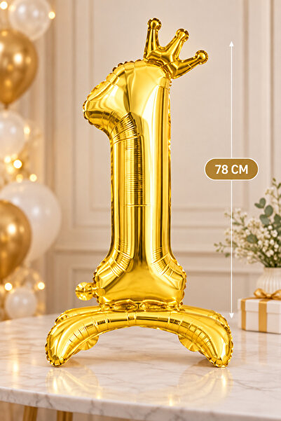 Baloncu Nene Taçlı Gold 1 Rakam Folyo Balon 78 cm Ayaklı Masa Üstü 1 Yaş Doğu...