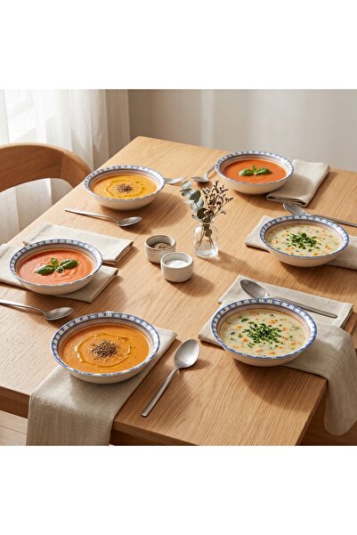 Tezyinat Wood Sea Porcelain Round Soup Bowl Set of 6