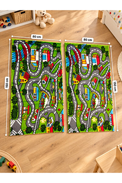 OEM Set 2 covoare pentru copii cu traseu de mașinuțe, model oraș verde, 80 × ...
