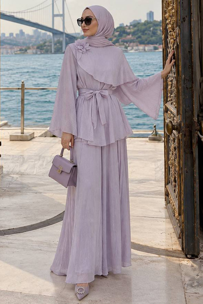 Neva Style Çiçek Detaylı Asimetrik Lila Tesettür Takım 26102LILA
