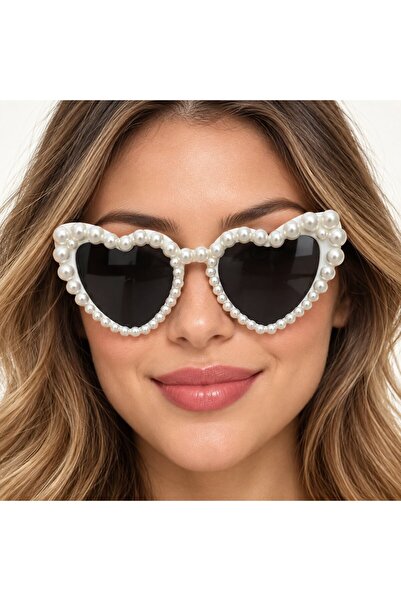 Skygo White Pearl Detailed Black Glass Bride Heart Party Glasses