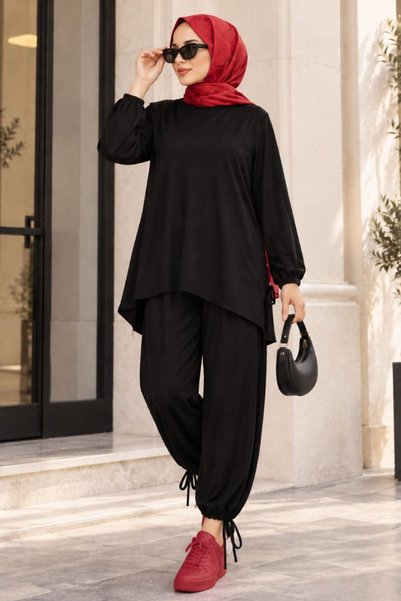 Neva Style Lace Detailed Straight Cut Oysho Black Hijab Pants Set 10605S