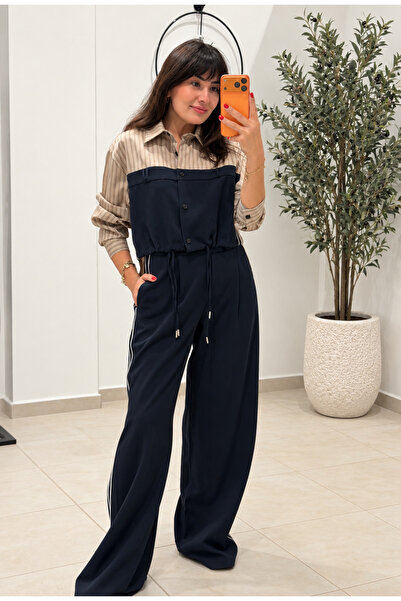 EMİNE PELTEK Çizgi Detaylı Gömlek Pantalon Takım - Lacivert