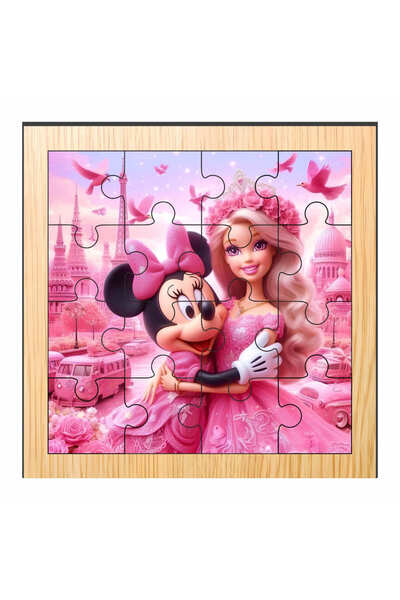 OEM Puzzle din lemn, Minnie Mouse, Barbie, 16 piese, Multicolor, 17×17 cm, PD...