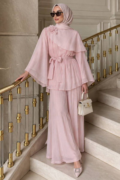 Neva Style Çiçek Detaylı Asimetrik Pembe Tesettür Takım 26102P