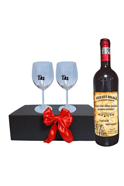 OEM Set cadou Cerere de partea Nașilor, Cutie de vin cu sticlă și 2 pahare, 3...