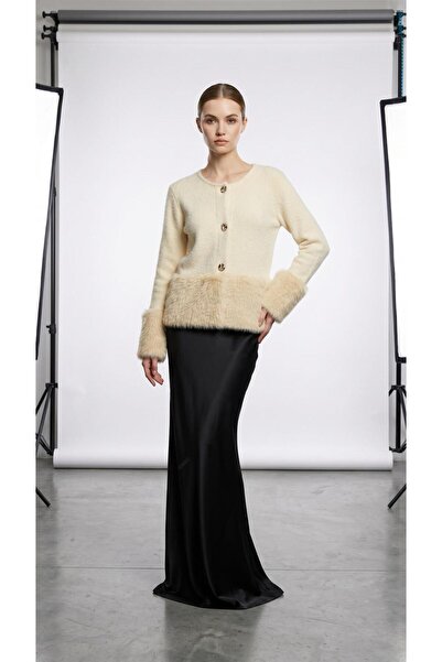 AYMİSS Fashionable Fur-Detail, Angora, Metal Buttons (65 cm) Women's Cardigan