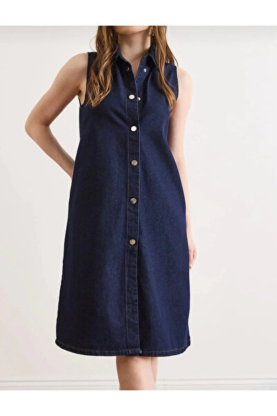 Moodel Zero Sleeves Jean Midi Dress with Collar
