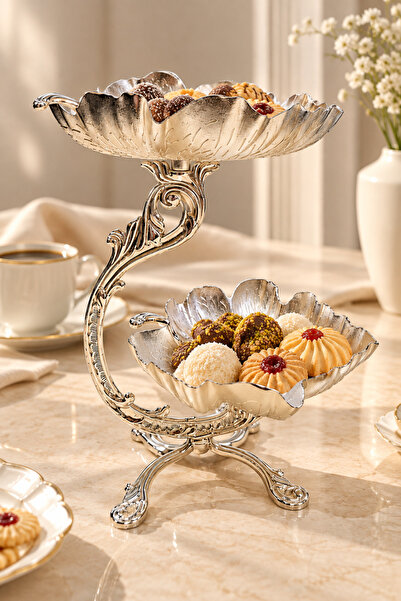 RASHA COLLECTION 2 Katlı Yaprak Desenli Kurabiyelik – Dekoratif Ayaklı Gümüş ...