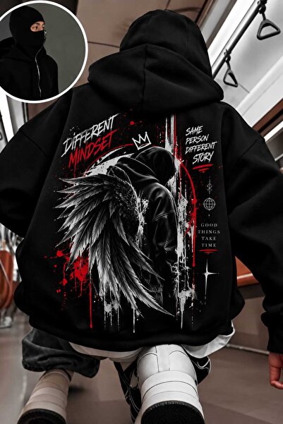 LAND MODA Siyah Unisex Oversize Tam Fermuarlı Maskeli Gotik Kapüşonlu Hoodie ...