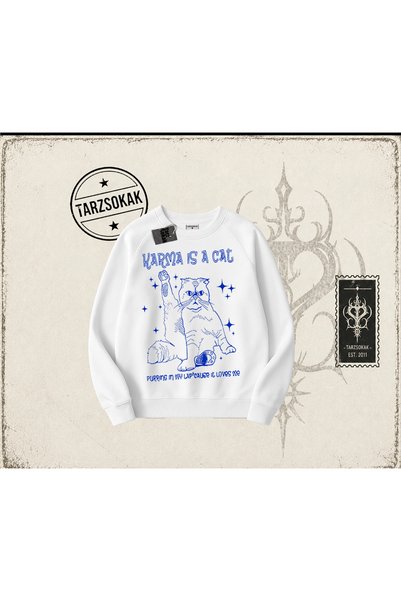 Tarzsokak Kadın Karma je unisex majica sa širokim izrezom i mačkastim motivom...