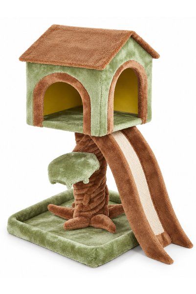FERAH PLASTİK Tırmalamalı Kedi Evi Ağaç Tasarımlı Rampalı Peluş Kedi Ağacı Yeşil Kahverengi