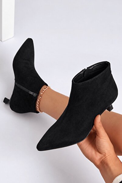 İX Denis Kadın Süet Siyah Sivri Burun Alçak Kadeh Topuklu Yandan Fermuarlı Şı...