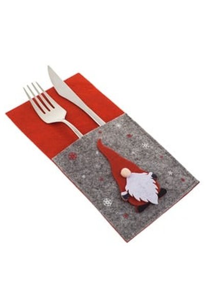 OEM Christmas Cutlery Cover in Red Felt Grey Gnome 11x20.5cm