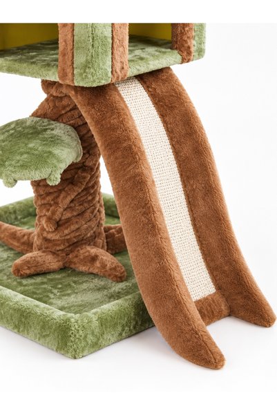 FERAH PLASTİK Tırmalamalı Kedi Evi Ağaç Tasarımlı Rampalı Peluş Kedi Ağacı Yeşil Kahverengi