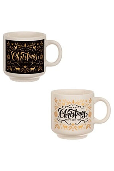 OEM Set Cani de Craciun Ceramice Neagra Alba Merry Christmas 160ml - 2buc