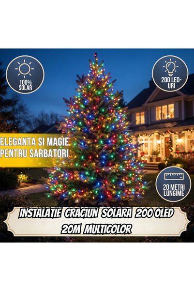 Infiniteea Instalare Ghirlandă de Crăciun cu Panou Solar, 200 LED-uri, 20M, 8 Moduri de Iluminare, Decora