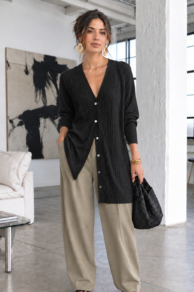 COMBİNE MİCHAİL Saisonale schwarze lange Strickjacke für Damen