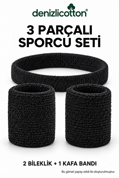 denizlicotton Siyah Havlu Sporcu Seti 3 Parça – 2 Bileklik 9 cm ve 1 Kafa Ban...