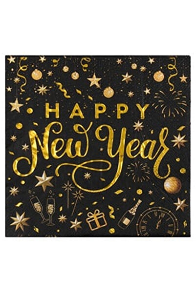 OEM Servetele de Masa cu 2 Straturi Negre cu Folie Aurie "Happy New Year"" 33...