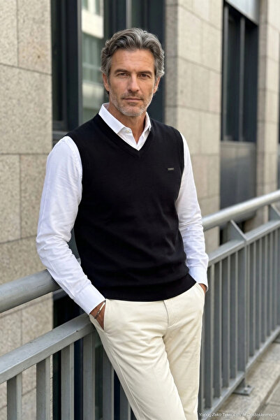 Çizgi Triko Men's V-Neck Black Sweater Thessaloniki Knit Classic Pattern - 5550H