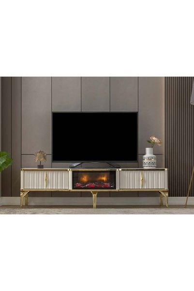 QUATTRO HOME Lucente Elektrikli Şömineli TV Ünitesi Krem Gold Modern Tasarım ...