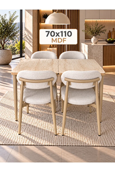 DEREN HOME Calve Serisi MDF 70x110 Açılabilir Masa Traverten + 4 Adet Silineb...