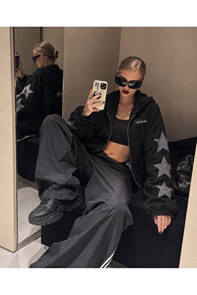 Toum Streetwear Black Oversize Star Stone Zipper Sweatshirt Cardigan