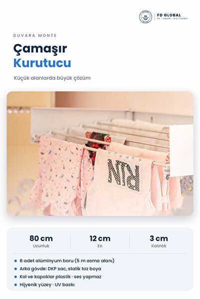 DEFOND FD Global Katlanır Duvar Tipi Çamaşır Askısı 80 cm 25 kg Kapasite Kapa...