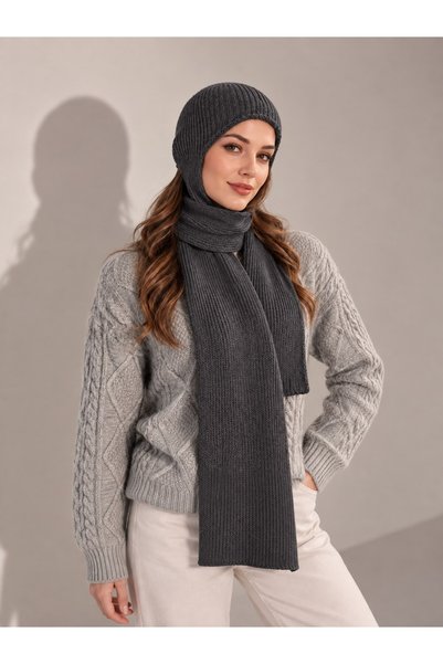 Irmak Kerekli Women's soft textured knit scarf beanie | balaclava scarf beanie 72109 anthracite